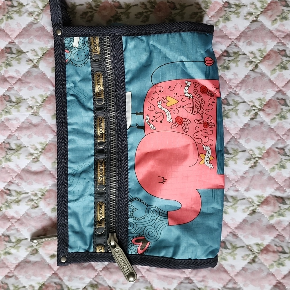 Lesportsac Artist zipper pouch pink elephant white bird blue cosmetic bag